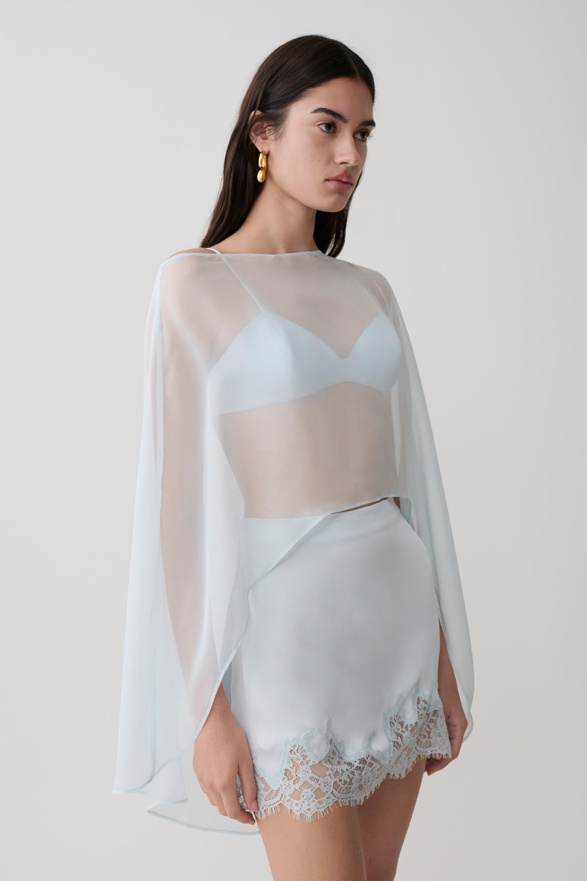 Kirstine Bralet ile Şifon Pelerin Buz Mavi