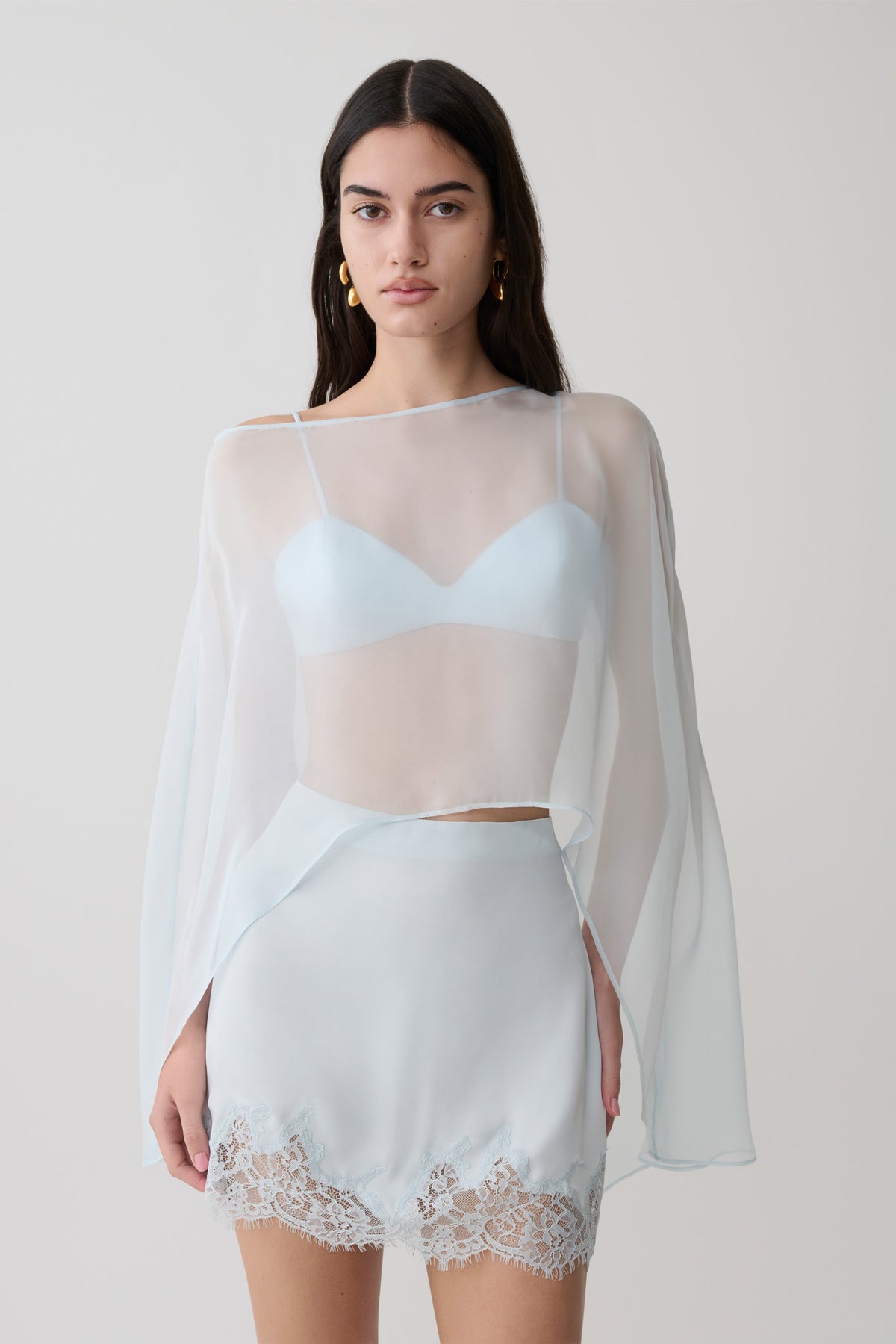 Kirstine Bralet ile Şifon Pelerin Buz Mavi