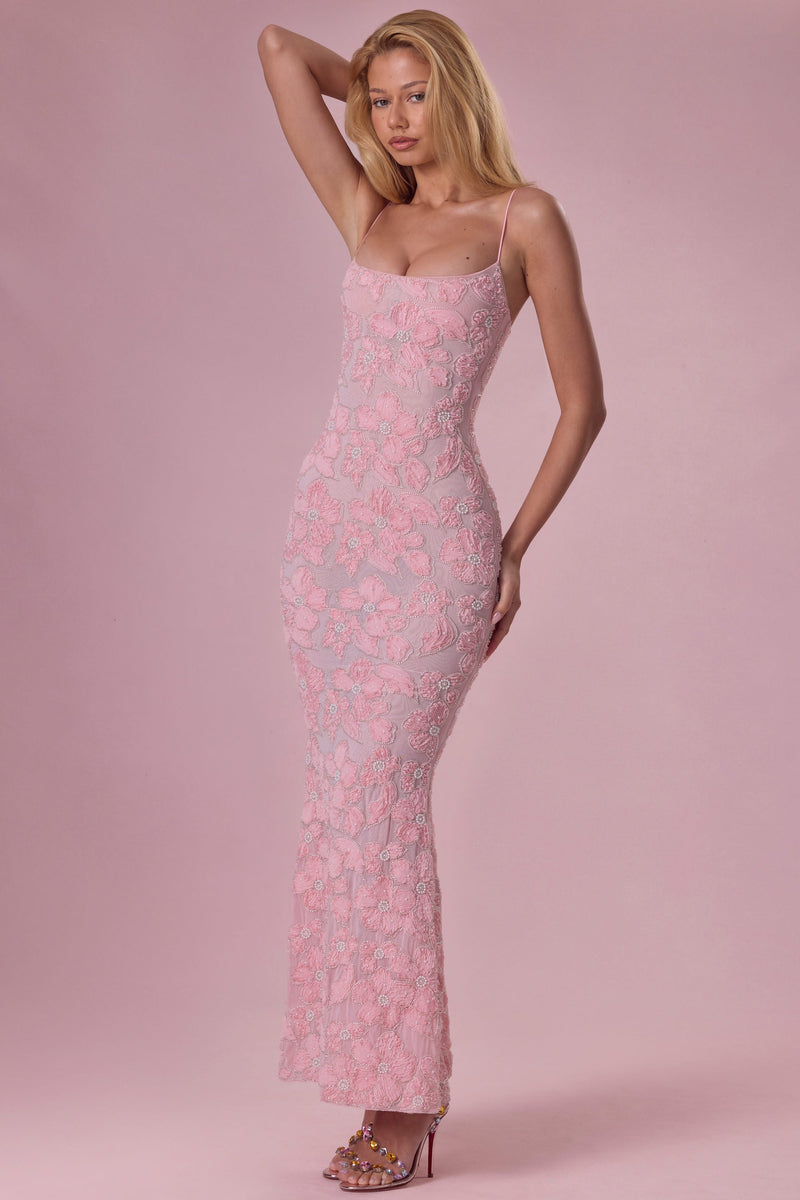 Dusty Pink Embroidered Square Neck Maxi Dress