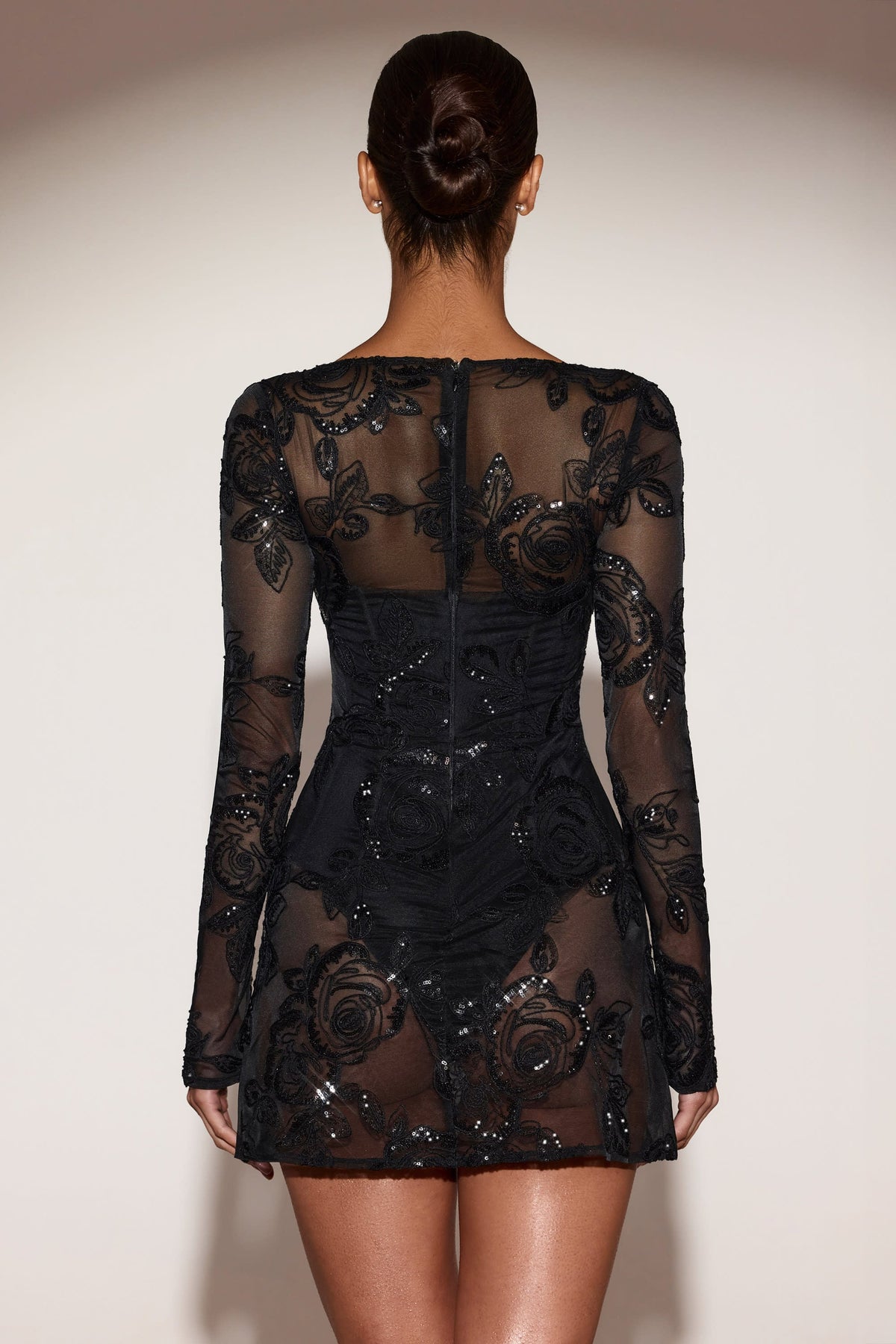 Şeffaf İşlemeli Body Korse Mini Elbise - Siyah