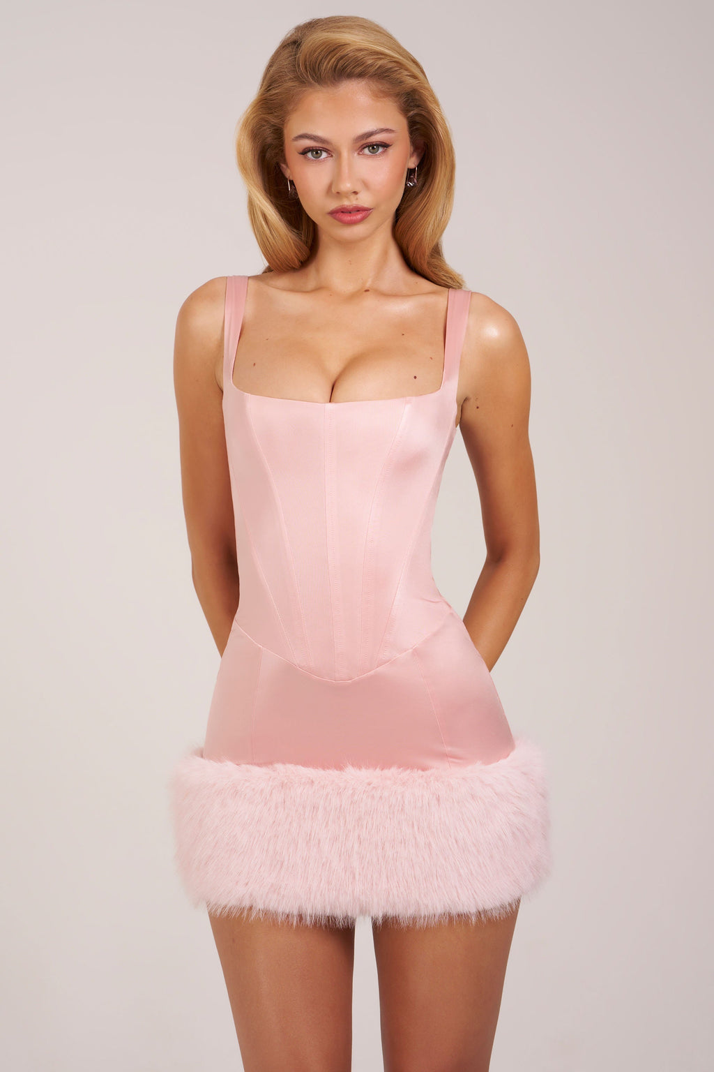 Saten Kare Yaka Korsetli Toz Pembe Mini Elbise