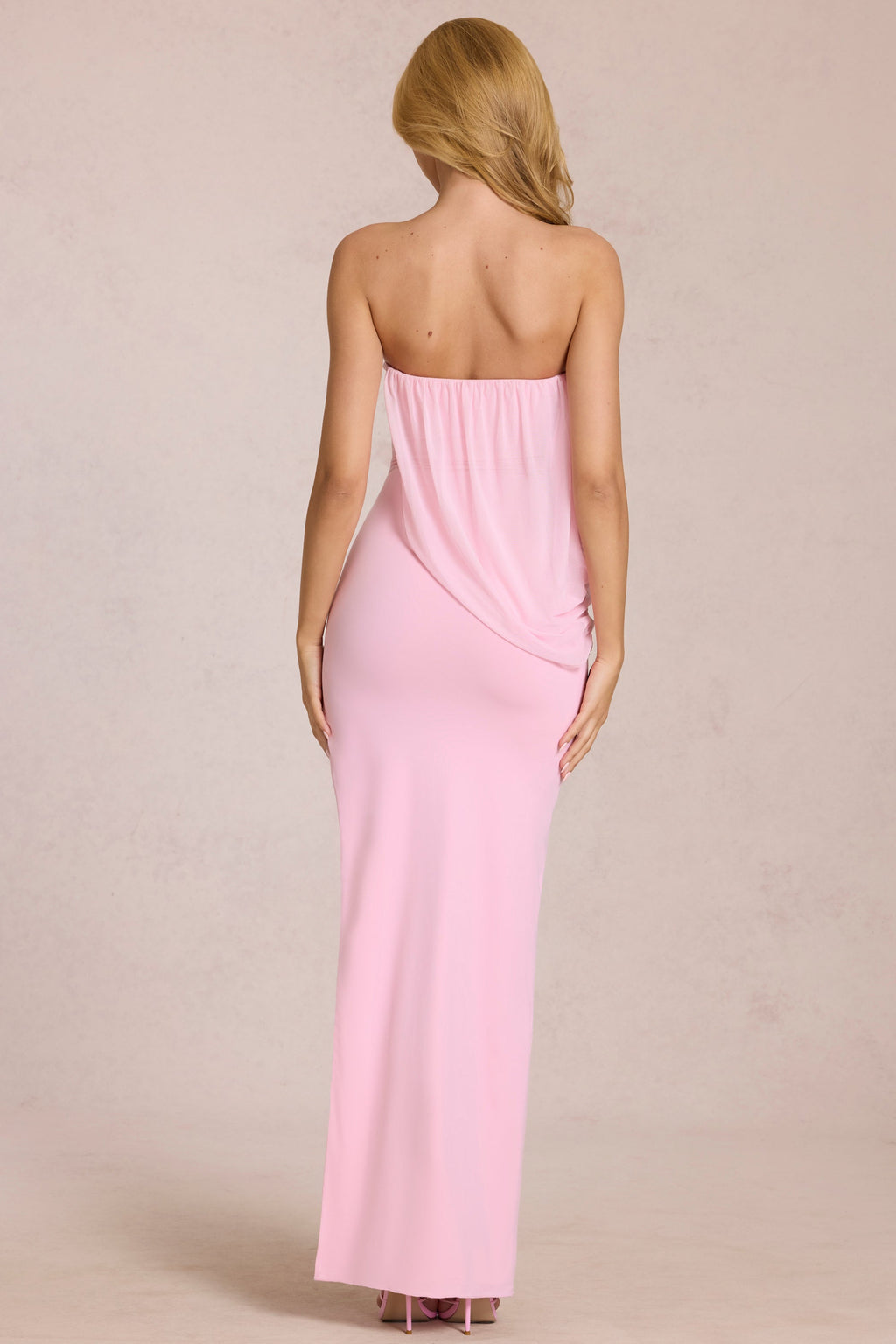 Bandeau Drapeli Maxi Elbise Çiçek Pembesi