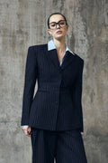 Bellamy Cinched Blazer Lacivert İnce Çizgili