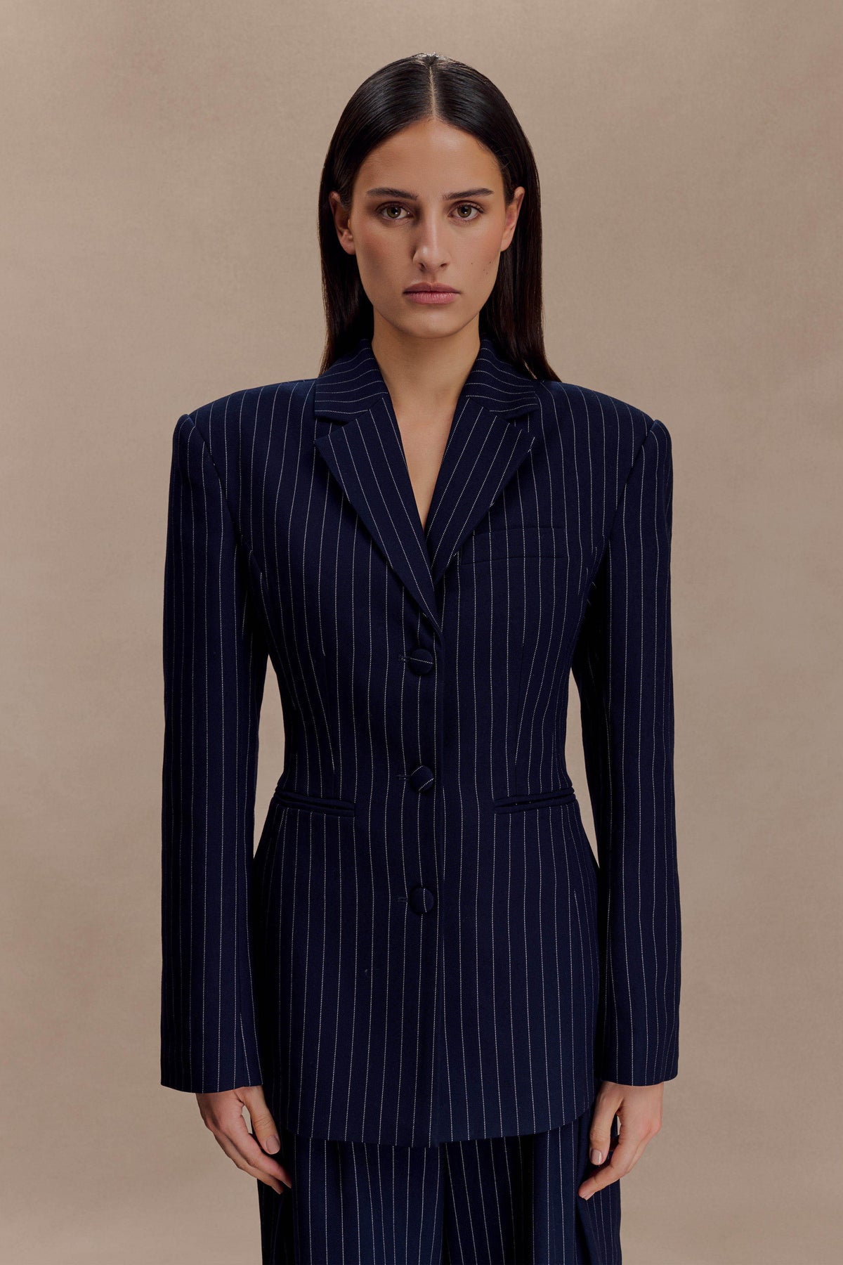 Bellamy Cinched Blazer Lacivert İnce Çizgili