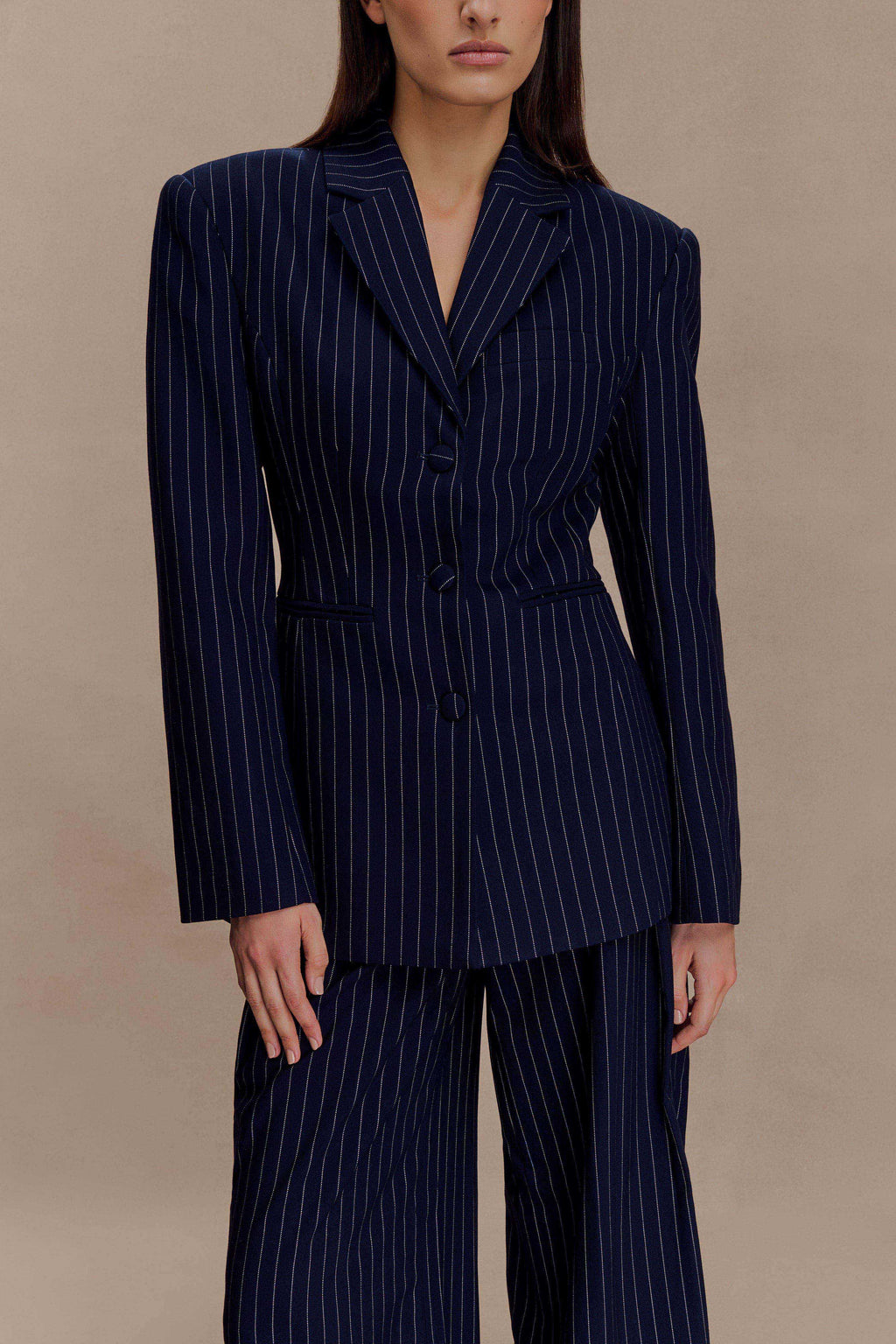 Bellamy Cinched Blazer Lacivert İnce Çizgili