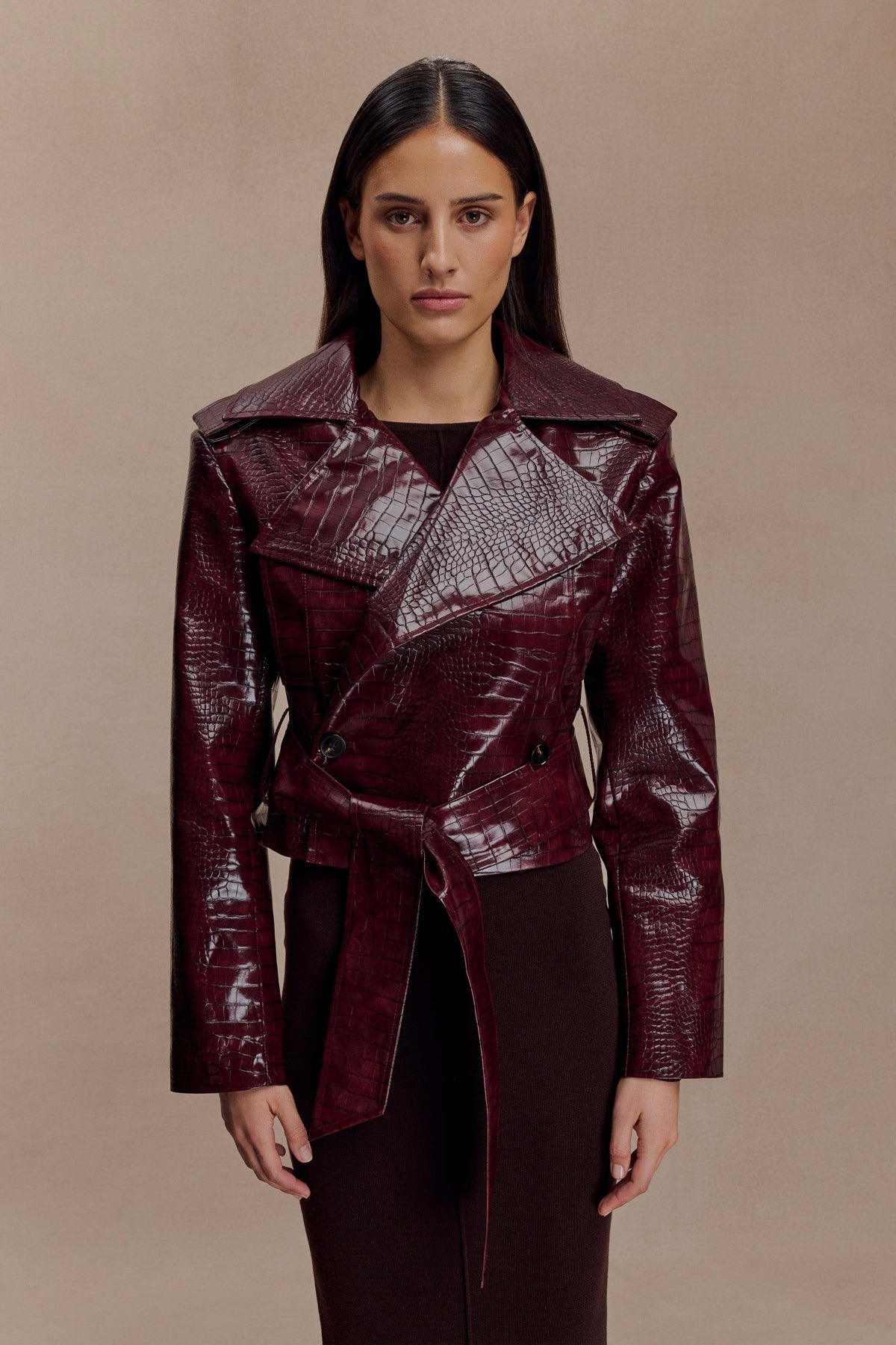 Archie Croc Suni Deri Crop Ceket Bordo