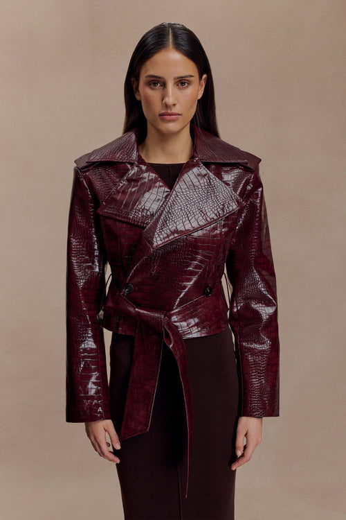 Archie Croc Suni Deri Crop Ceket Bordo