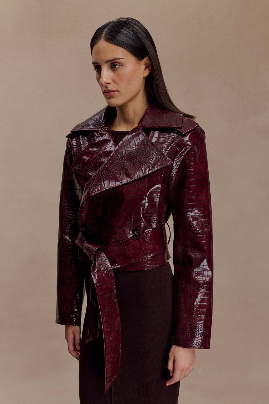 Archie Croc Suni Deri Crop Ceket Bordo