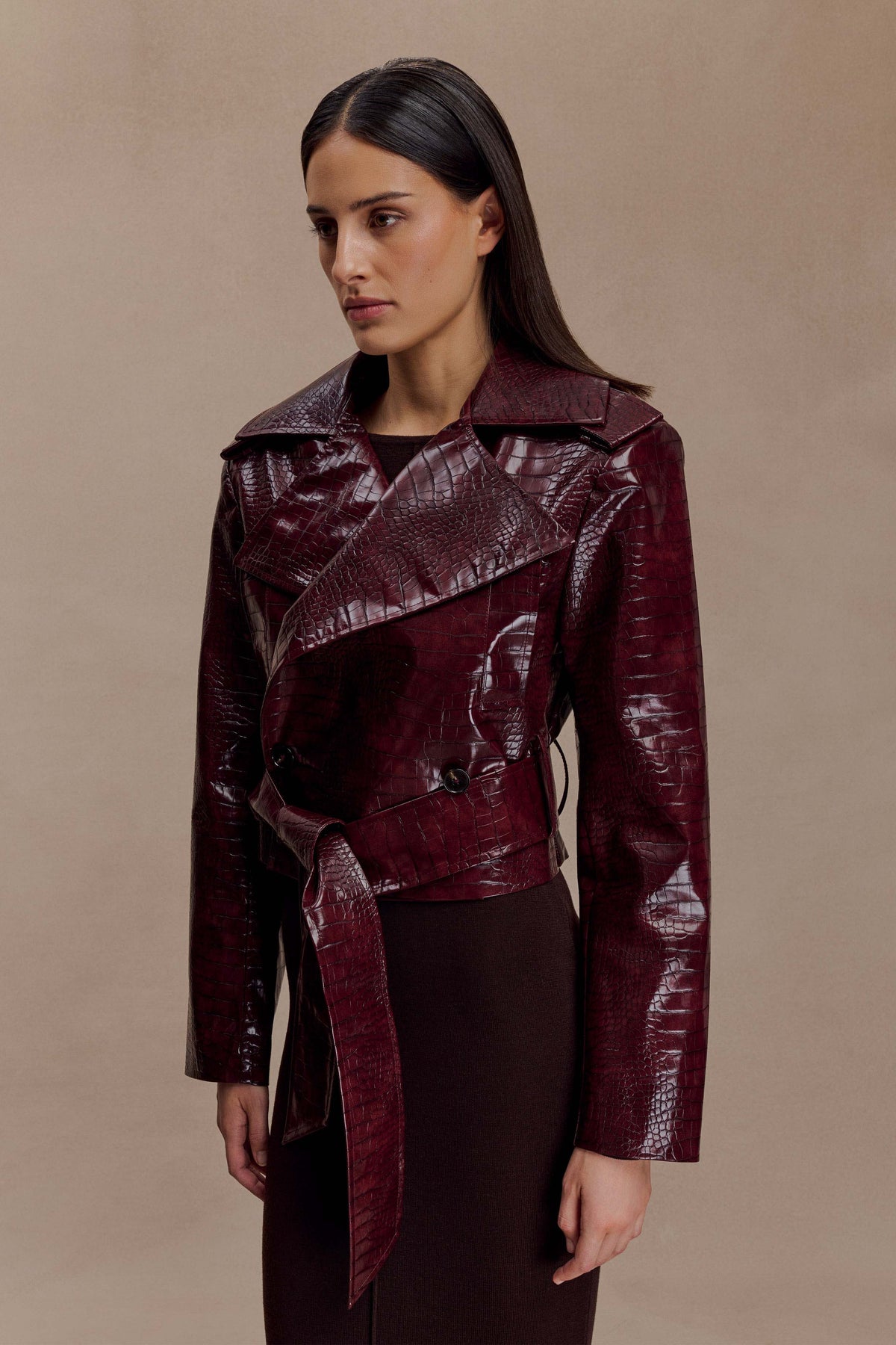 Archie Croc Suni Deri Crop Ceket Bordo