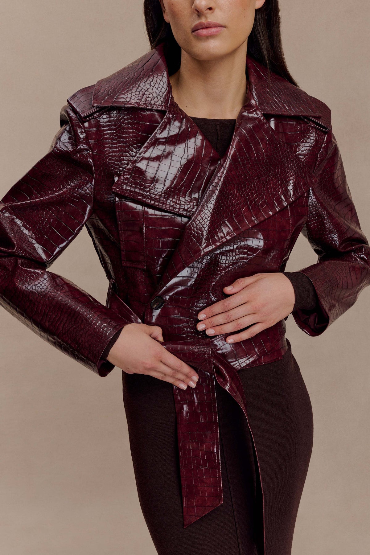 Archie Croc Suni Deri Crop Ceket Bordo