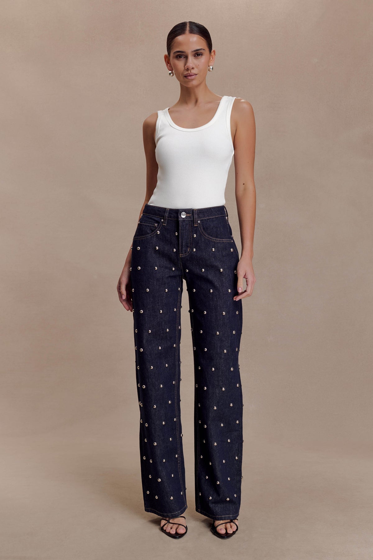Alima Mid Bel Stud Denim Jean Yıkamalı İndigo Mavi
