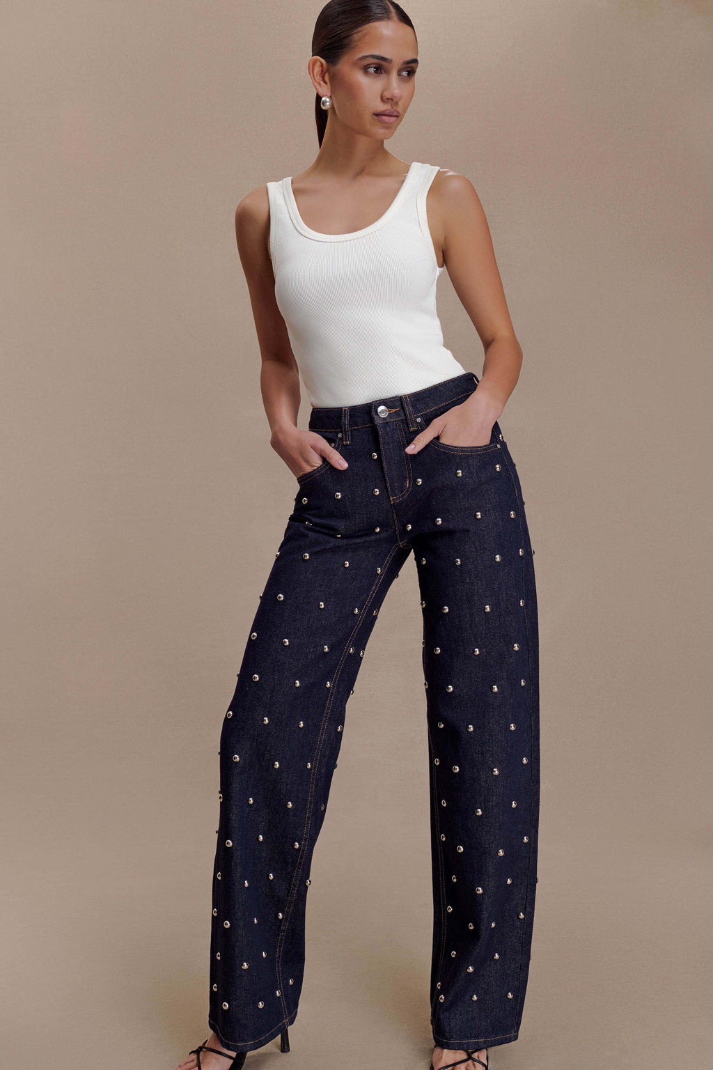 Alima Mid Bel Stud Denim Jean Yıkamalı İndigo Mavi
