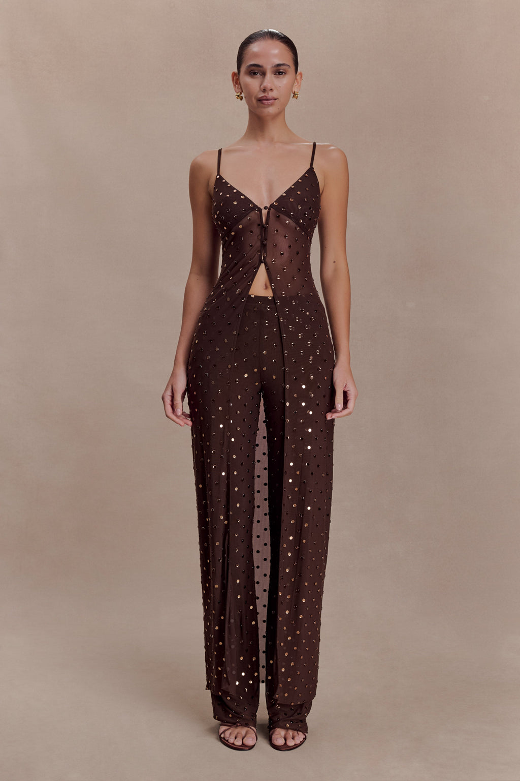 Jackie Taşlı Straight Paça Pantolon Çikolata