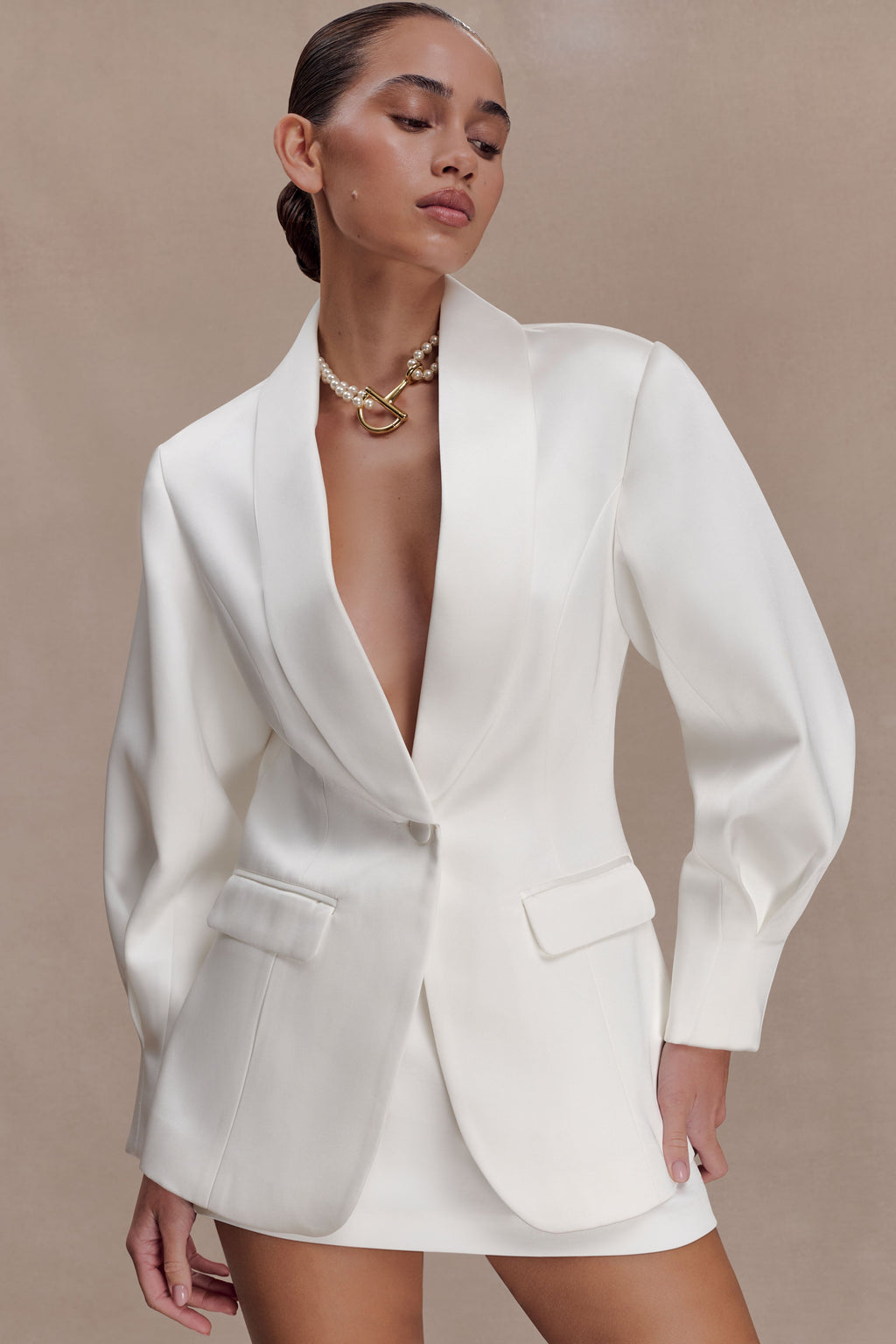 Kylie Oversize Saten Blazer Fildişi