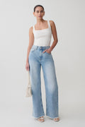 Sebastian Straight Paça Denim Jean ile Fray Hem Yıkamalı Açık Mavi