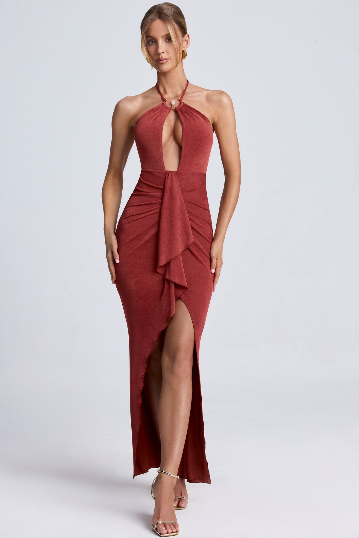 Şık Halter Yaka Cut-Out Detaylı Kiremit Maxi Elbise
