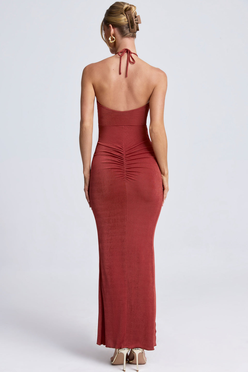 Şık Halter Yaka Cut-Out Detaylı Kiremit Maxi Elbise