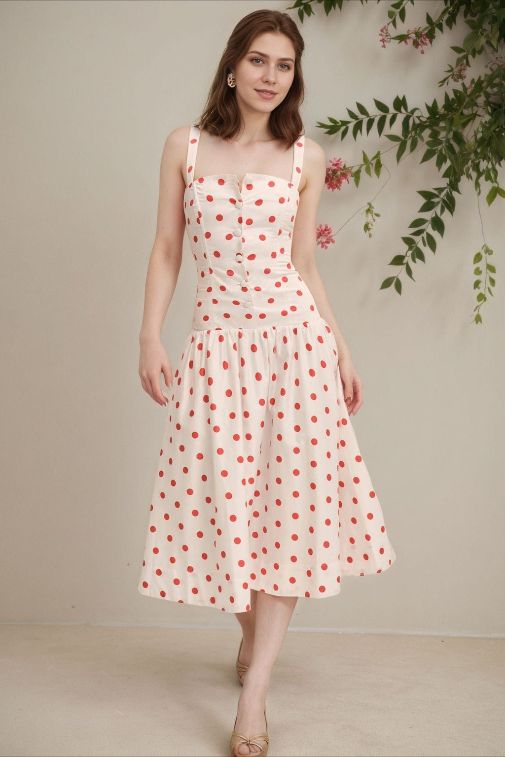 Puantiyeli İnce Askılı Bodycon Maxi Elbise
