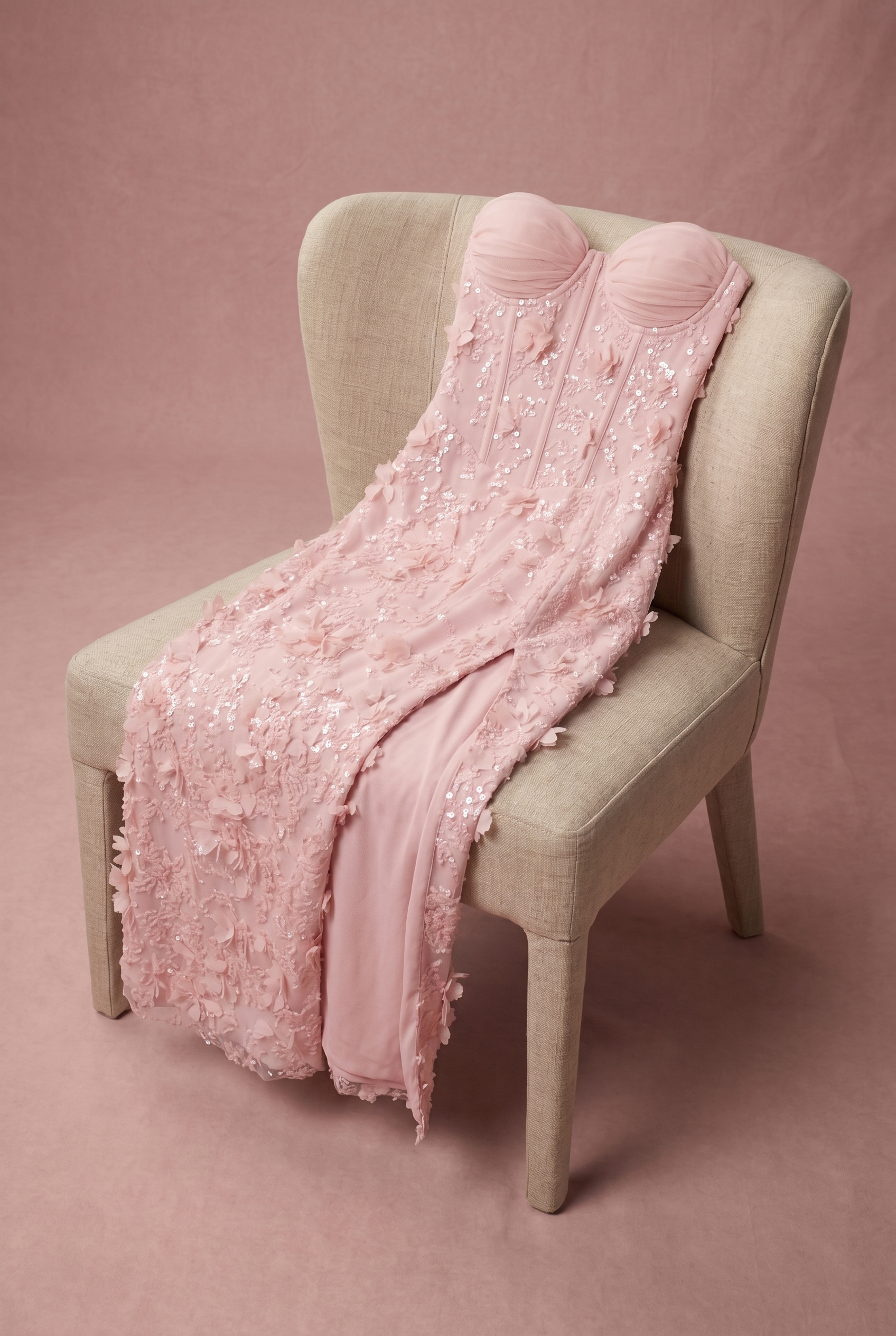 Bağcıklı Korset Midaxi Elbise Pastel Pembe Yırtmaçlı
