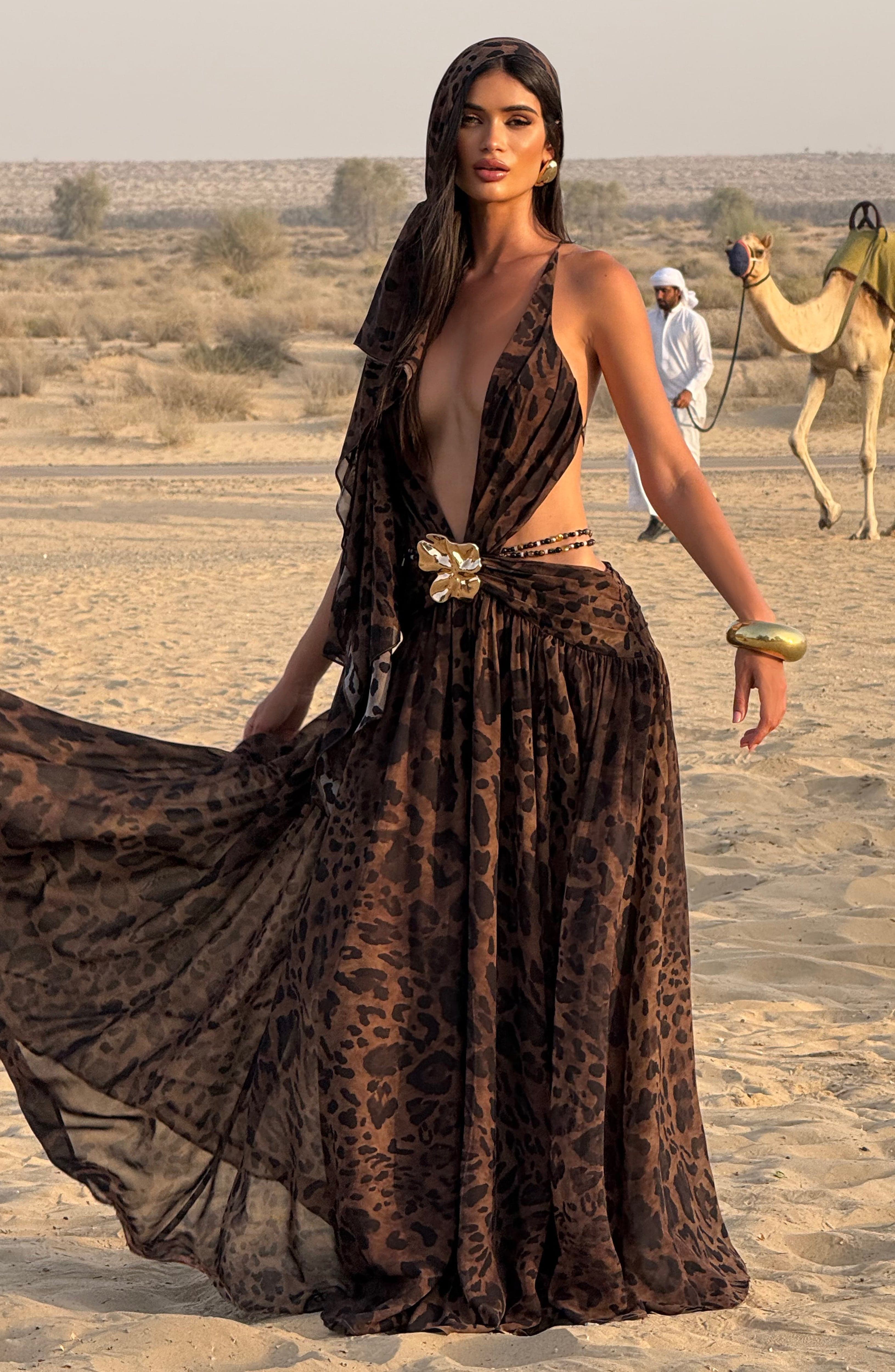 Indianna Maxi Elbise - Leopar Deseni