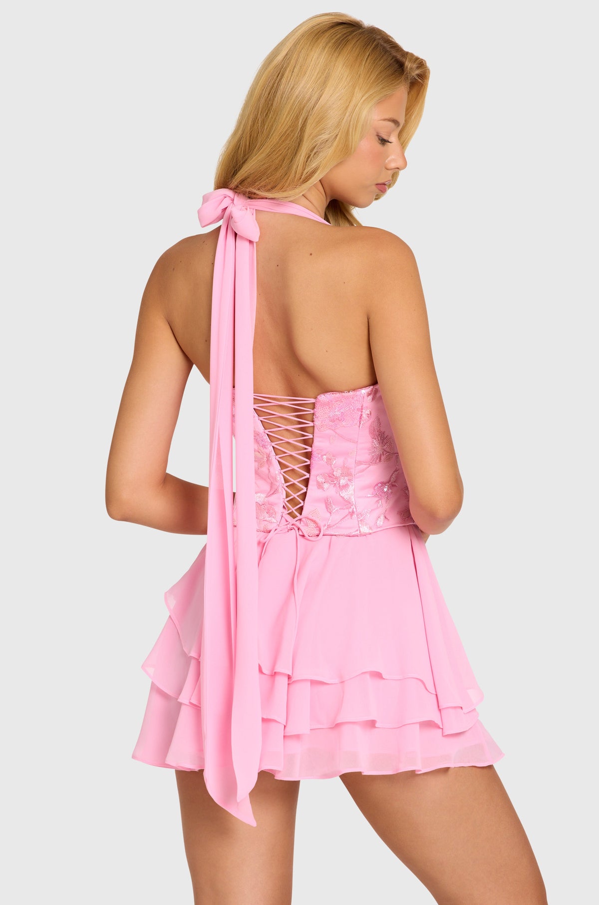 İşlemeli Korse Mini Elbise Açık Pembe