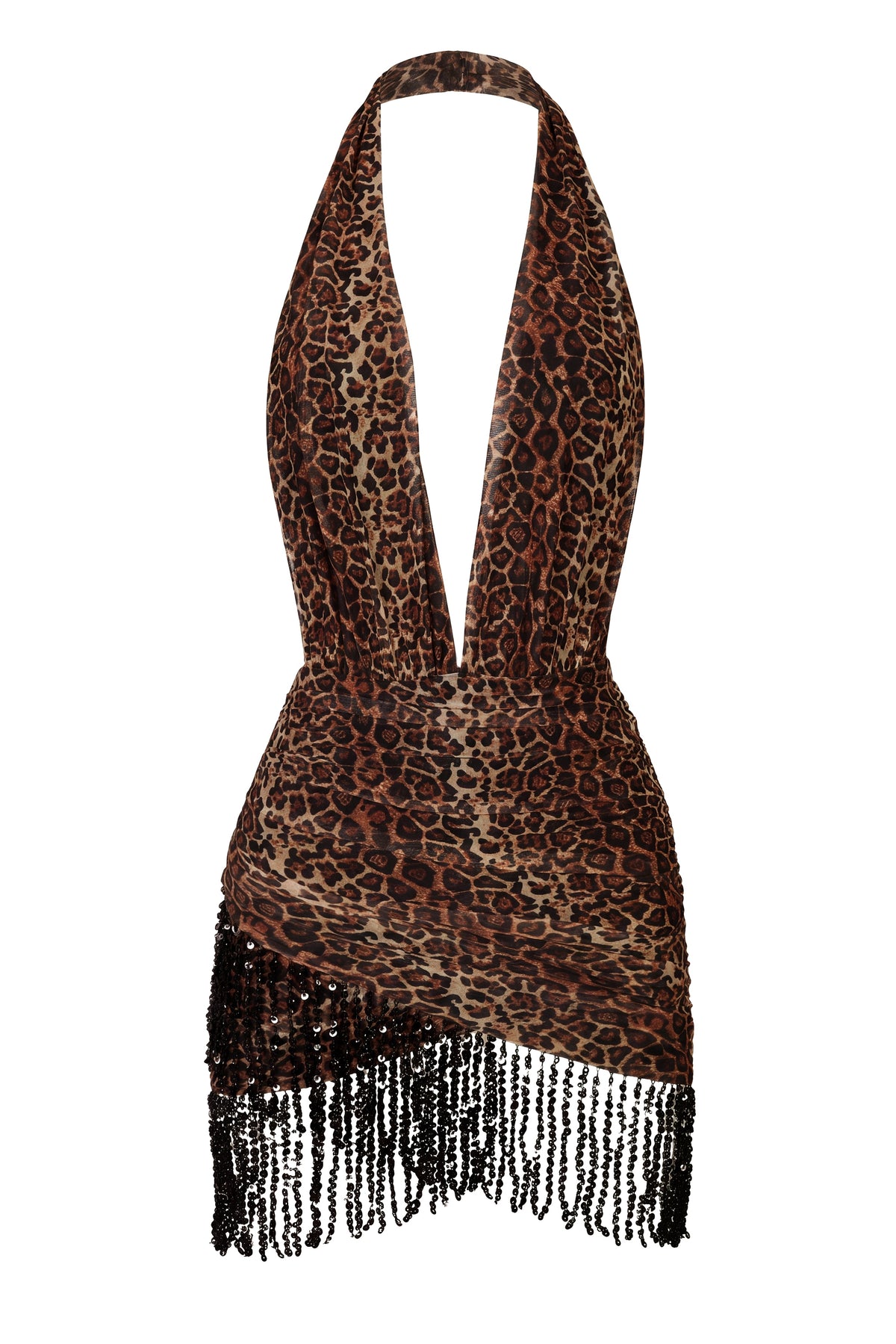 Halter Yaka İşlemeli Tül Mini Elbise Leopar Desenli