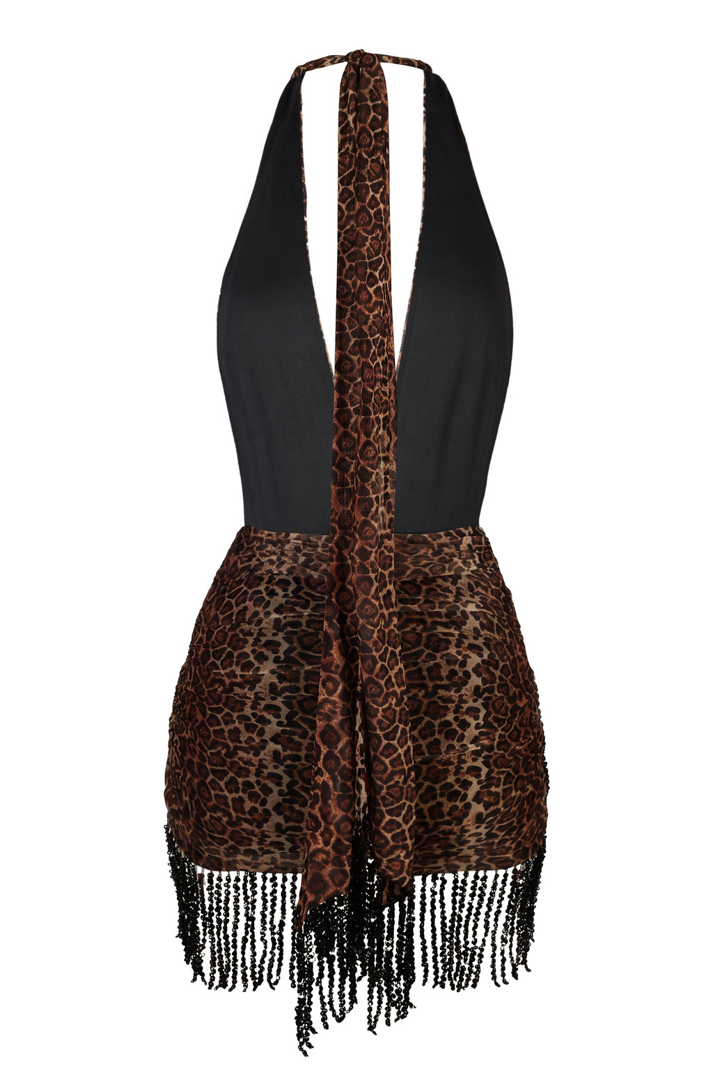 Halter Yaka İşlemeli Tül Mini Elbise Leopar Desenli